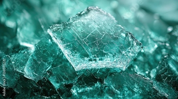 Fototapeta Close-up of crystalline turquoise ice shards glistening in soft light, creating a serene ambiance
