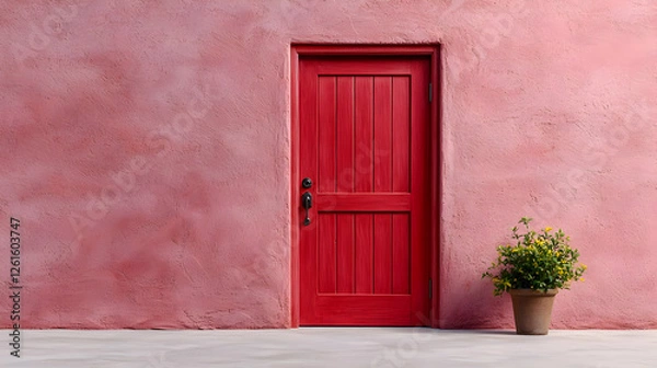 Fototapeta Red door, pink stucco wall, potted plant, courtyard