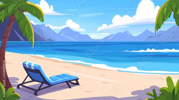 Fototapeta serene beach scene with lounge chair and palm trees under clear sky