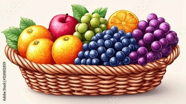 Fototapeta Colorful fruit basket featuring oranges, apples, grapes, and an orange slice on a light background
