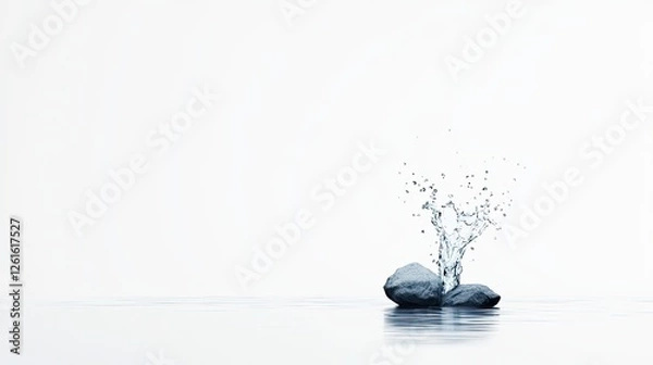 Fototapeta Splash of water from a stone in a serene, minimalist setting with calm reflections