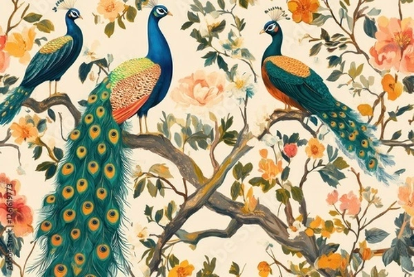 Obraz A harmonious blend of colorful peacocks and birds amidst vibrant floral botanical elements in a hand-painted retro wallpaper design. 