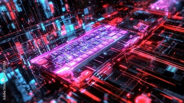 Fototapeta Futuristic keyboard illuminated in vibrant colors amidst a digital circuit landscape