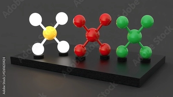 Fototapeta Colorful molecular models displayed on a black platform, showcasing scientific concepts in a lab setting