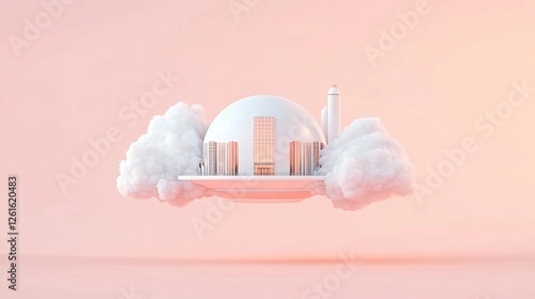 Fototapeta Futuristic cityscape floating on clouds with soft pastel background, symbolizing innovation and tranquility