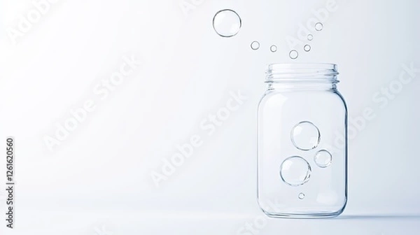 Fototapeta Transparent jar with bubbles rising above it against a light background, symbolizing freshness