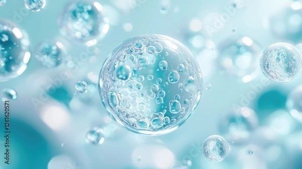 Fototapeta Close-up view of floating bubbles in a serene blue background, depicting tranquility and freshness