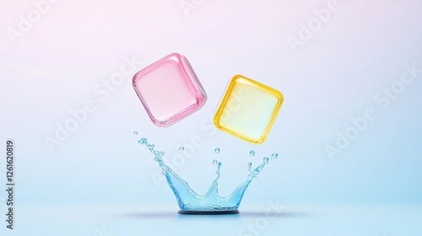 Fototapeta Colorful ice cubes splashing into water, creating ripples against a soft pastel background