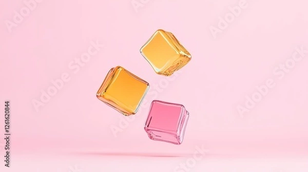 Fototapeta Colorful transparent ice cubes floating against a soft pink background, creating a playful atmosphere