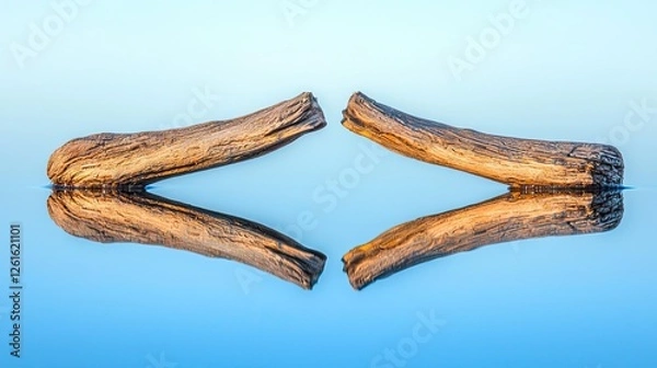 Fototapeta Two wooden logs reflected in calm blue water under a clear sky, showcasing nature's tranquility