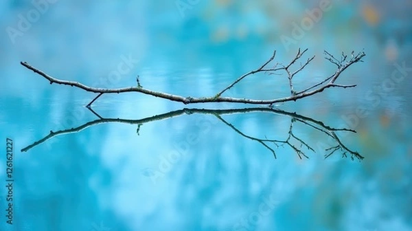 Fototapeta Tranquil reflection of a bare branch on serene blue water surrounded by soft misty hues