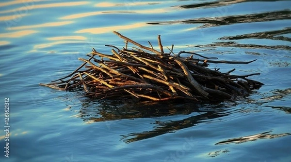 Fototapeta A serene water scene featuring a floating nest made of twigs in calm water at sunset