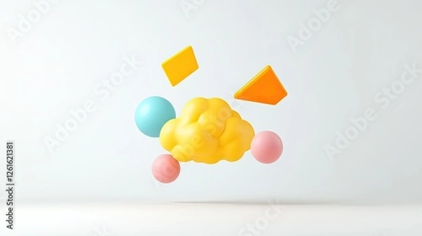 Fototapeta Colorful geometric shapes floating above a smooth surface, creating a playful and modern atmosphere
