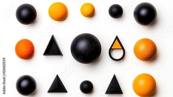 Fototapeta Colorful arrangement of geometric shapes and spheres on a white background for design use