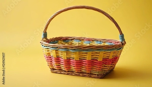 Fototapeta a woven basket made from natural materials, most likely rattan or bamboo. This basket has a round shape with an open top and a curved handle at the top