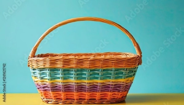 Fototapeta a woven basket made from natural materials, most likely rattan or bamboo. This basket has a round shape with an open top and a curved handle at the top