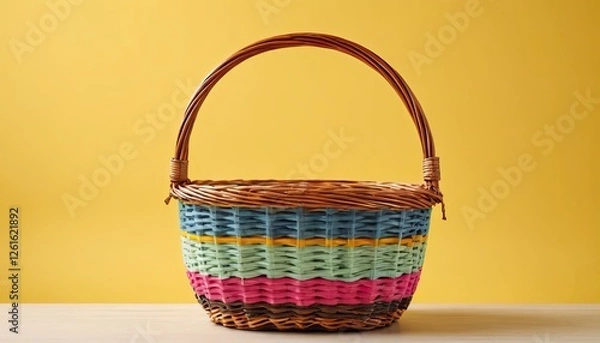 Fototapeta a woven basket made from natural materials, most likely rattan or bamboo. This basket has a round shape with an open top and a curved handle at the top