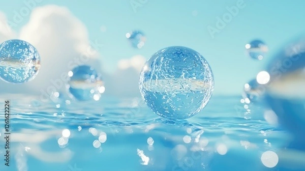 Fototapeta Floating transparent spheres above a shimmering blue water surface under a clear sky with clouds