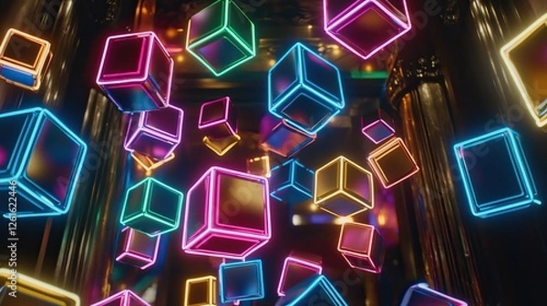 Fototapeta Vibrant neon cubes floating in a futuristic setting, illuminated by colorful lights, creating a dynamic atmosphere