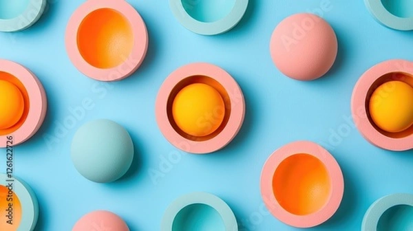 Fototapeta Colorful geometric shapes with spheres and bowls arranged on a vibrant blue background
