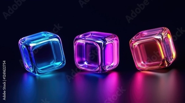 Fototapeta Three vibrant glass ice cubes illuminated with colorful lights against a dark background