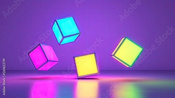 Fototapeta Colorful floating cubes illuminated in vibrant neon hues against a purple backdrop