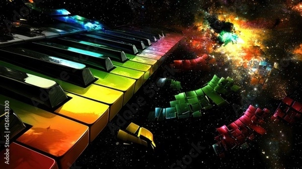 Fototapeta Colorful piano keys floating in a cosmic space, surrounded by vibrant nebulae and stars