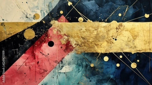 Obraz Abstract artwork featuring bold colors, geometric shapes, and metallic accents.