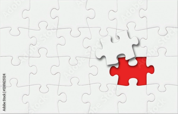 Fototapeta White Puzzle Pieces Jigsaw with One Last Missing Piece on Top and Red Background, Vector 3D Effect with Shadows