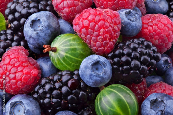 Fototapeta Blueberries, raspberries, blackberries and gooseberries background shot top down. Top view.