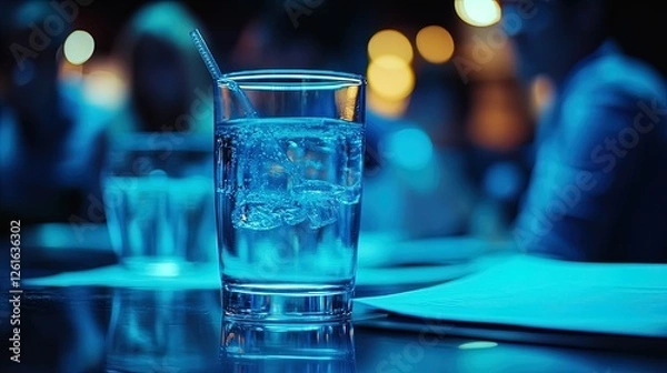 Fototapeta A conference speaker using a podium with notes and a glass of water, focused audience in the foreground