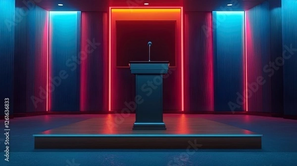 Fototapeta A conference podium with wireless microphone, digital display behind the speaker