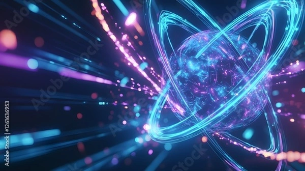 Fototapeta Glowing orb encircled by luminous rings amidst light streaks