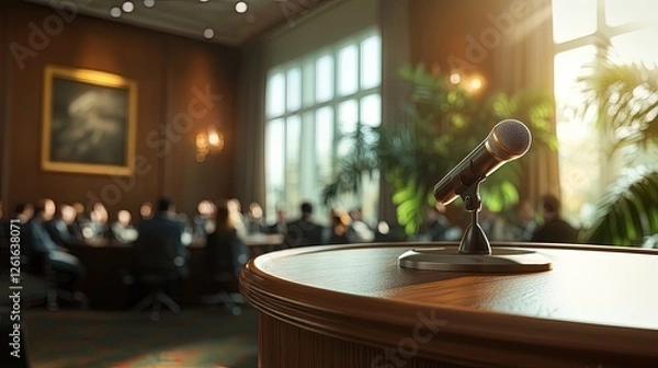 Fototapeta A conference podium with business professionals networking in the background, sleek office decor