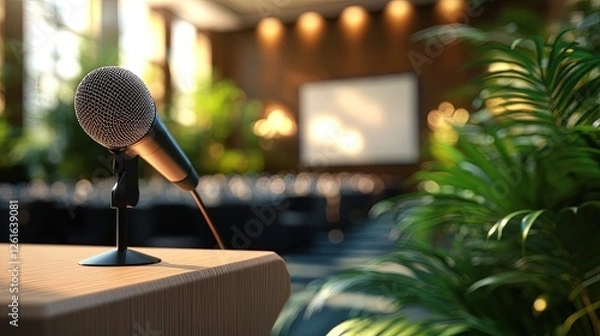Obraz A conference podium with a microphone and presentation slides behind, professional setup for a speaker