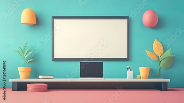 Fototapeta A business seminar podium with a laptop and projector, minimalistic modern design, engaged audience