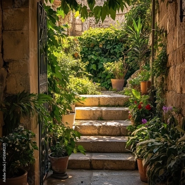 Obraz Sunlit Stone Steps and Lush Greenery in a Mediterranean Courtyard