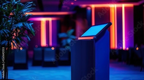 Fototapeta A large conference podium with an interactive touchscreen for presentation, corporate event atmosphere