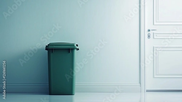 Fototapeta A green trash bin positioned in a minimalist room with a light blue wall and a white door