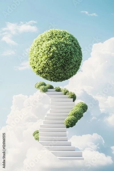 Fototapeta Floating spiral steps to a green sphere dreamlike sky digital art surreal environment inspirational concept