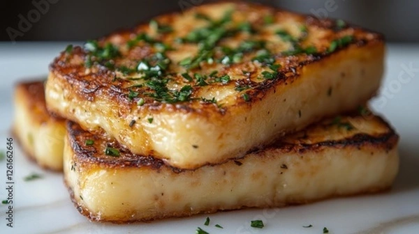 Fototapeta Grilled Cheese Tofu with Fresh Green Herbs. Generative AI