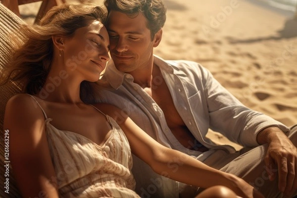 Obraz A Couple Enjoys the Warmth of the Sun on the Sandy Shores of a Serene Beach