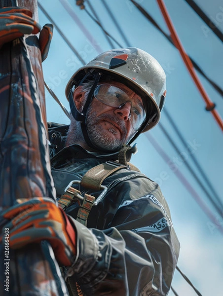Obraz A worker climbs a utility pole, focused on maintenance tasks amidst power lines.