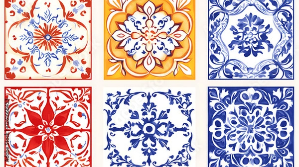 Obraz Ornamental Ceramic Tile Collection with Floral and Geometric Motifs for Mediterranean Home Decor