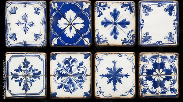 Obraz Ornate Blue and White Tile Collection Ceramic Art Design Decorative Pattern Arrangement Texture