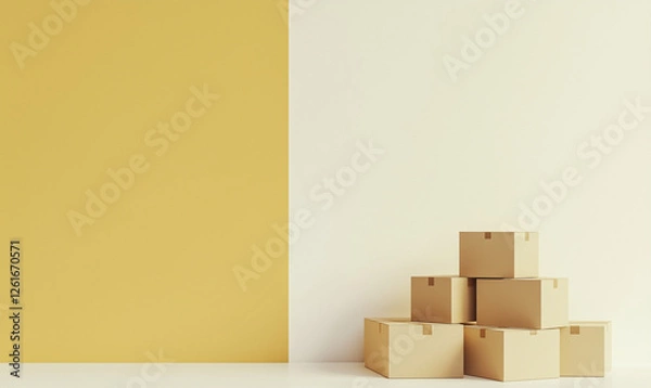 Fototapeta Stack of moving boxes arranged before a clean white wall, emphasizing sleek organized industrial aesthetics