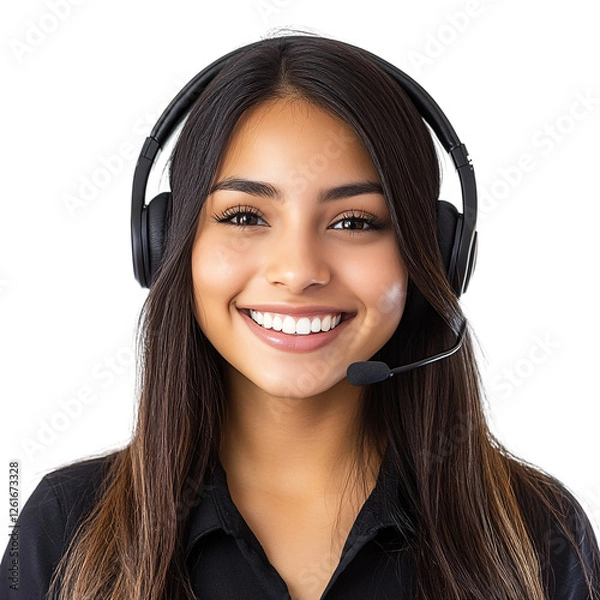 Fototapeta Smiling call center operator with headset provides telephone customer support isolated on transparent background