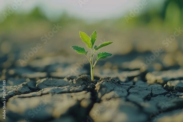Fototapeta Sapling sprouting, dry cracked earth, sunlight, growth, environmental conservation