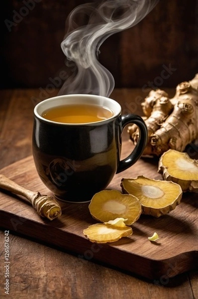 Fototapeta composition of cup of ginger tea and roots on a neutral background