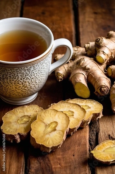 Fototapeta composition of cup of ginger tea and roots on a neutral background